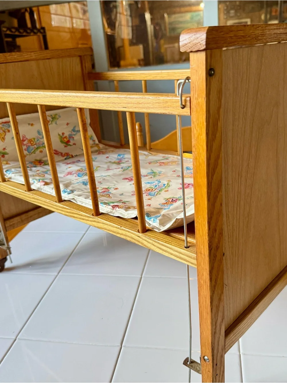 1960’s Vintage Natural Wood Doll Crib with Colorful Train Decal - CLEAN!